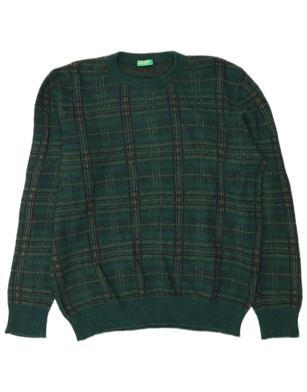 Męski sweter z okrągłym dekoltem Benetton XL, wełniany w zieloną kratkę
