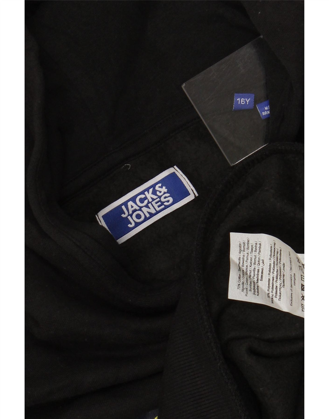 JACK & JONES Chłopięcy sweter z kapturem i grafiką, 15-16 lat, czarny, bawełniany