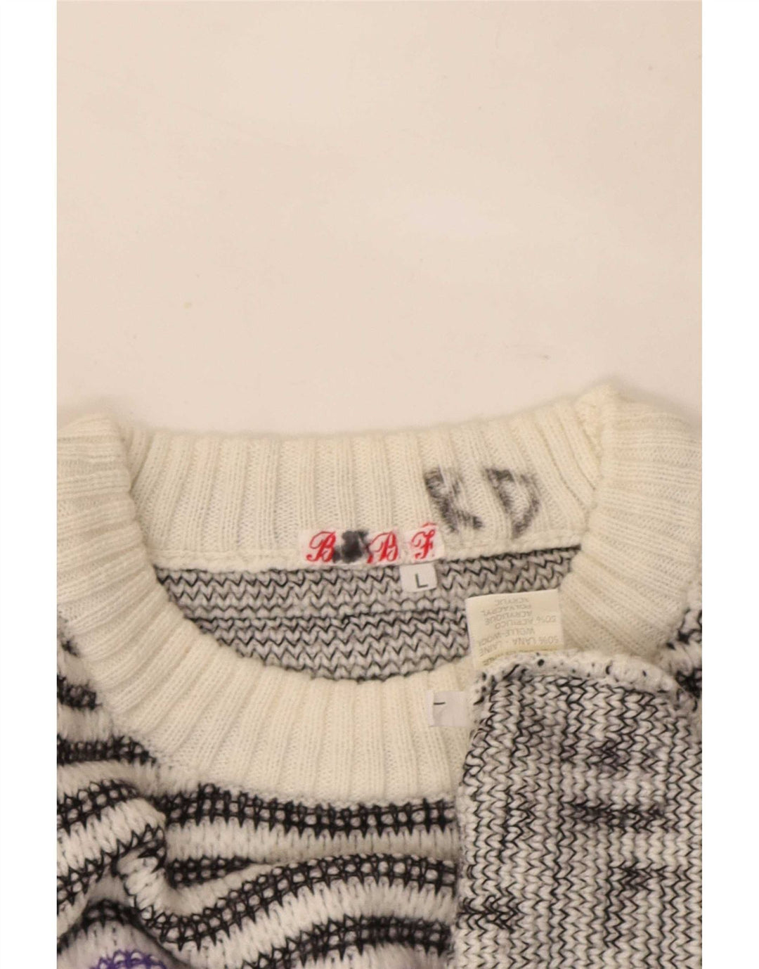 Vintage męski sweter z okrągłym dekoltem, duży, biały, geometryczny wełniany