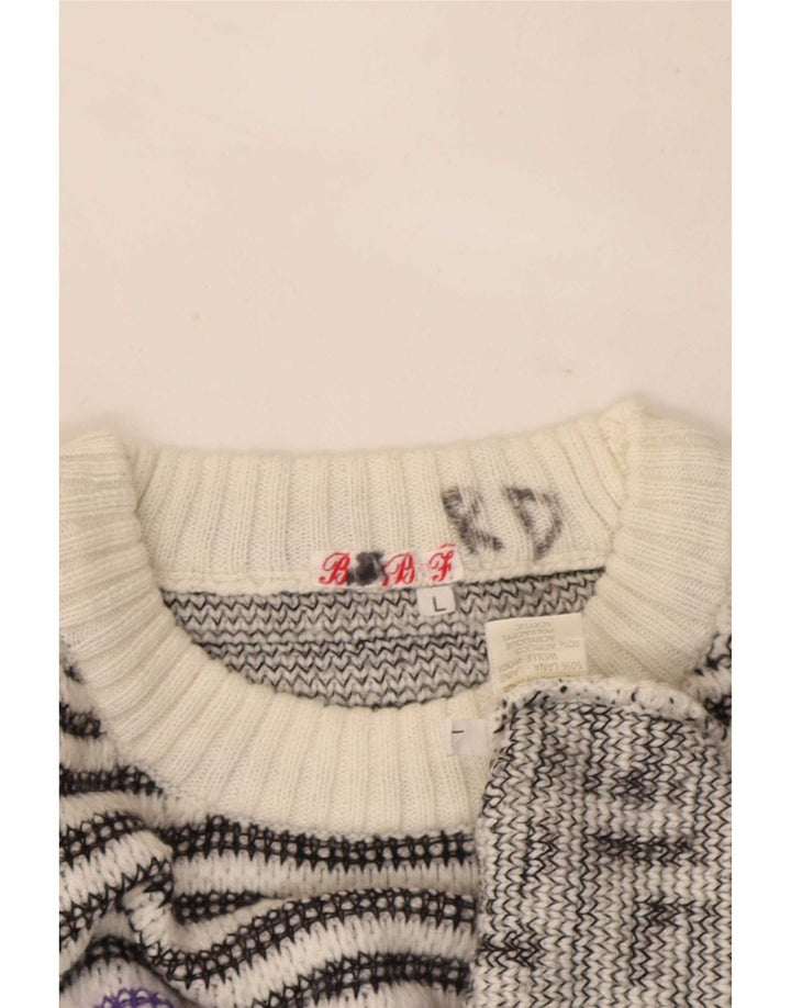 Vintage męski sweter z okrągłym dekoltem, duży, biały, geometryczny wełniany