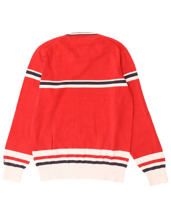 Tommy Hilfiger Mens V-Neck Jumper Sweater Small Red Striped Cotton