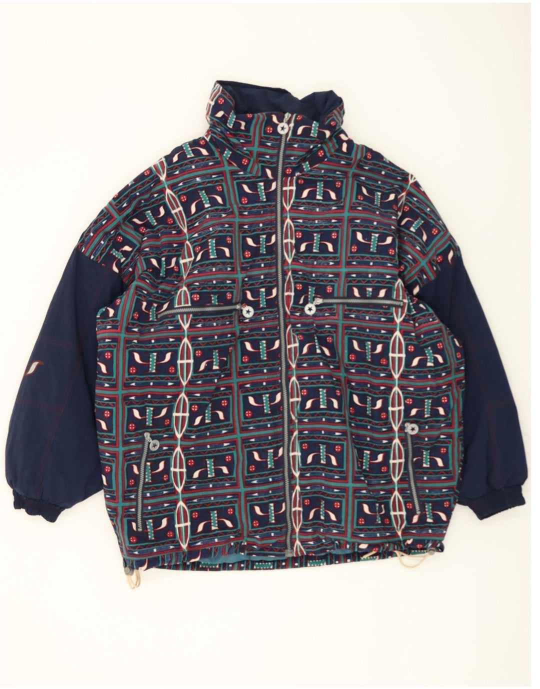 VINTAGE Mens Bomber Jacket UK 40 Large Navy Blue Geometric Nylon Vintage Vintage and Second-Hand Vintage from Messina Hembry 