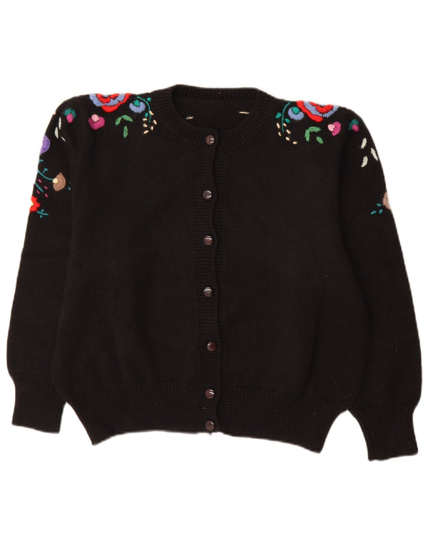 Vintage damski sweter rozpinany z rękawem 3/4 UK 14, duży czarny w kwiaty