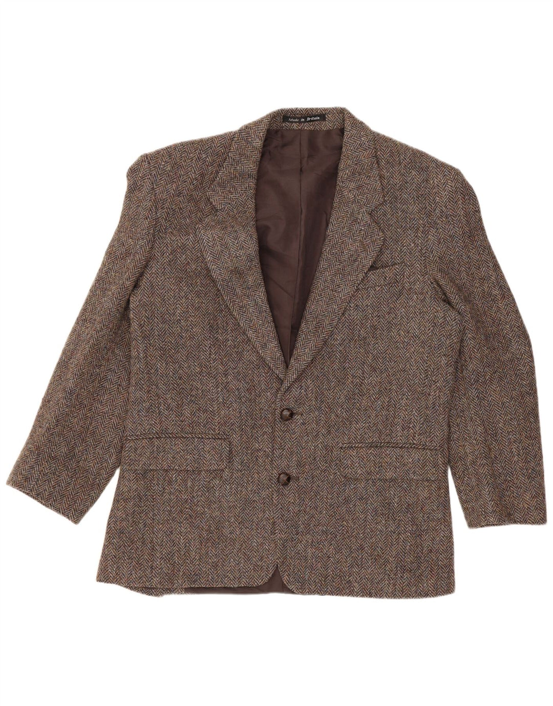 Męska marynarka zapinana na 2 guziki Harris Tweed UK 40 Duża brązowa wełna w jodełkę