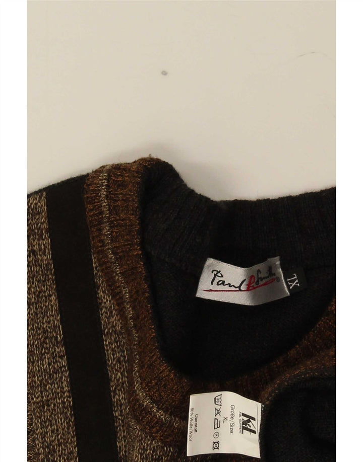 Vintage męski sweter z okrągłym dekoltem XL, wielokolorowa wełna z blokami kolorów