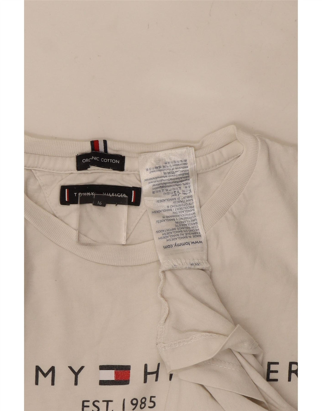 TOMMY HILFIGER Boys Graphic T-Shirt Top 15-16 Years White Cotton Vintage Tommy Hilfiger and Second-Hand Tommy Hilfiger from Messina Hembry 