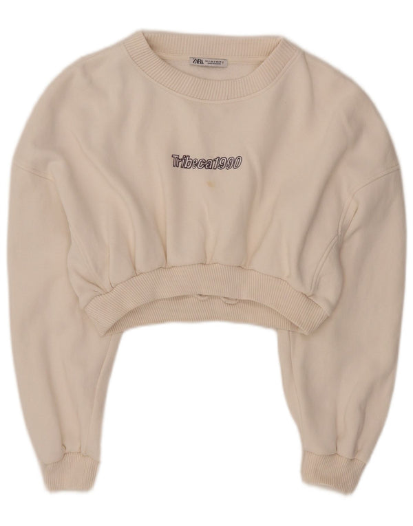 Damska bluza Zara Crop Graphic Jumper UK 10 Small Off White Cotton