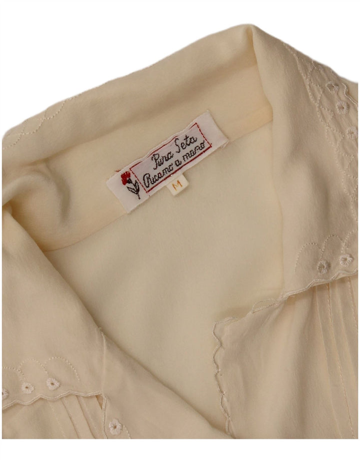 Bluzka damska z krótkim rękawem w stylu vintage, UK 14, średni, złamany biały jedwab