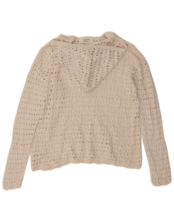 Damski sweter gruby z kapturem, szydełkowany, oversize, UK 10, mały, biały