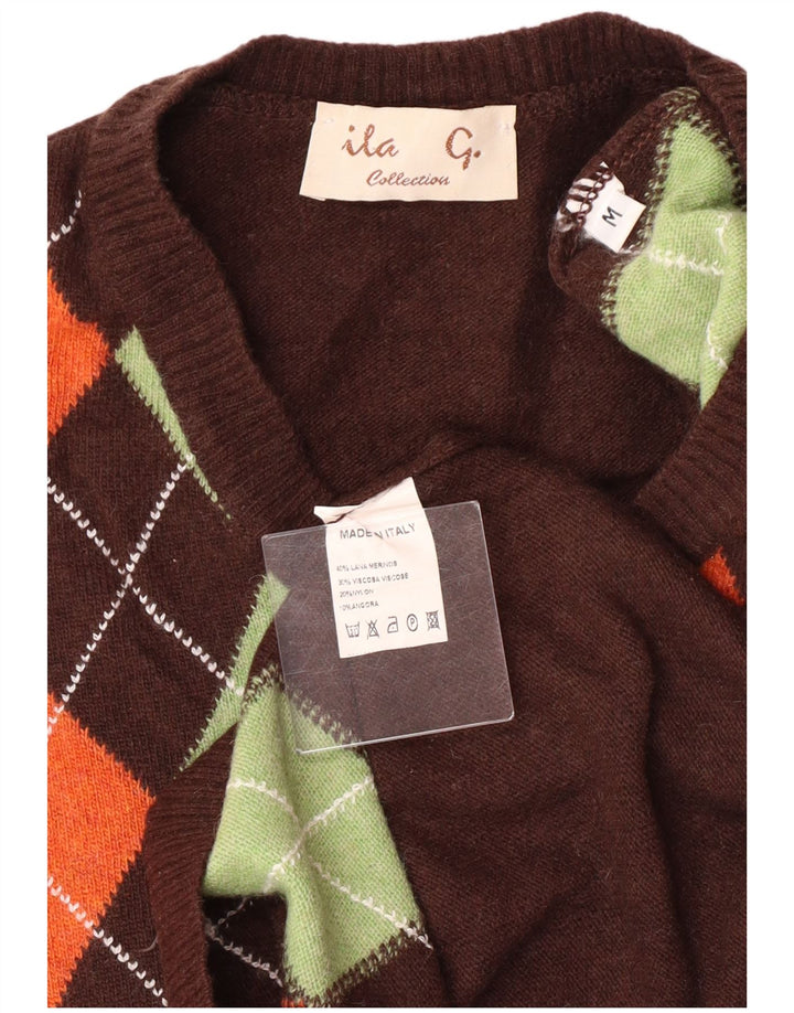 Sweter damski VINTAGE z dekoltem w kształcie litery V UK 12 Średni brąz Argyle/Diament