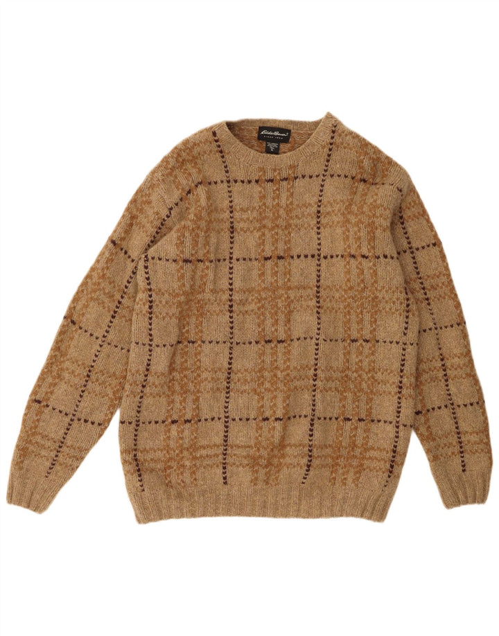 Męski sweter z okrągłym dekoltem Eddie Bauer XL w brązową kratkę z owczej wełny
