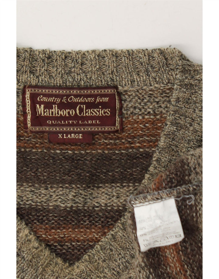 MARLBORO CLASSICS Męski sweter z dekoltem w kształcie litery V XL, wełniany w brązowe paski