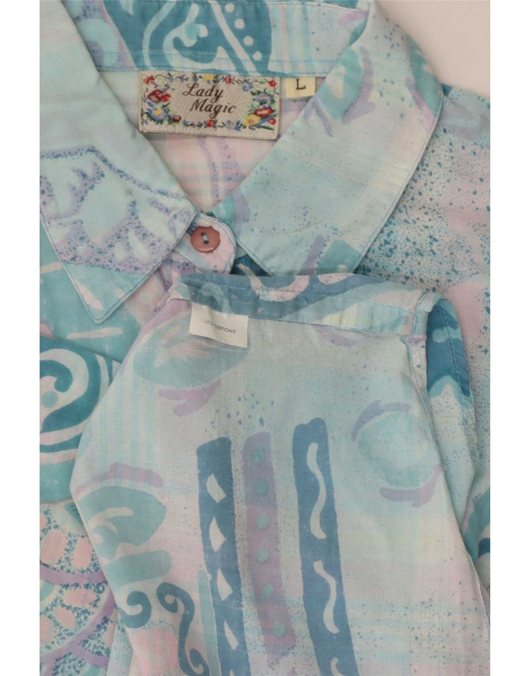 Koszula damska z krótkim rękawem w stylu vintage UK 14, duża, turkusowa, patchworkowa, retro