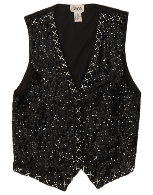 VINTAGE Damska cekinowa kamizelka UK 14 Średnia czarna bawełna Lata 80-te