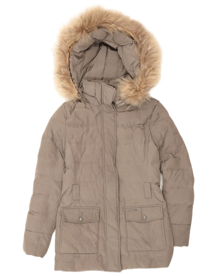 Damski ocieplany płaszcz z kapturem Woolrich UK 6 XS Szary poliester zimowy