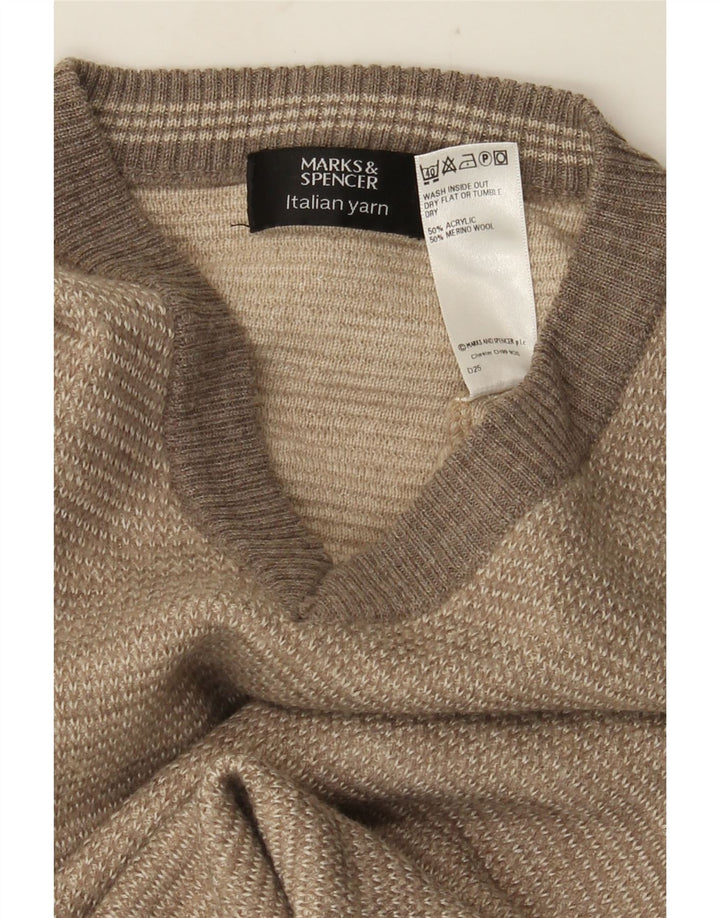 Marks & Spencer Męski sweter z dekoltem w kształcie litery V, mały, beżowy, akrylowy z blokami kolorów