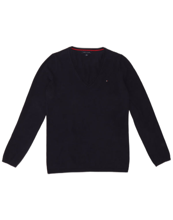 Tommy Hilfiger Womens V-Neck Jumper Sweater UK 10 Small Navy Blue Cotton