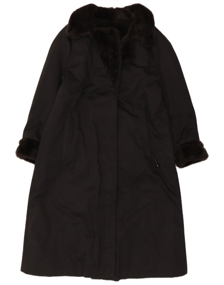 VINTAGE damski płaszcz ze sztucznego futra UK 12 średni czarny akryl