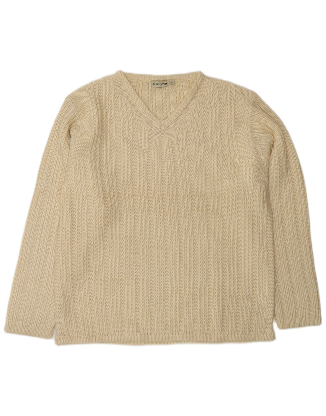 Męski sweter w stylu VINTAGE z dekoltem w szpic, duży, z białej wełny