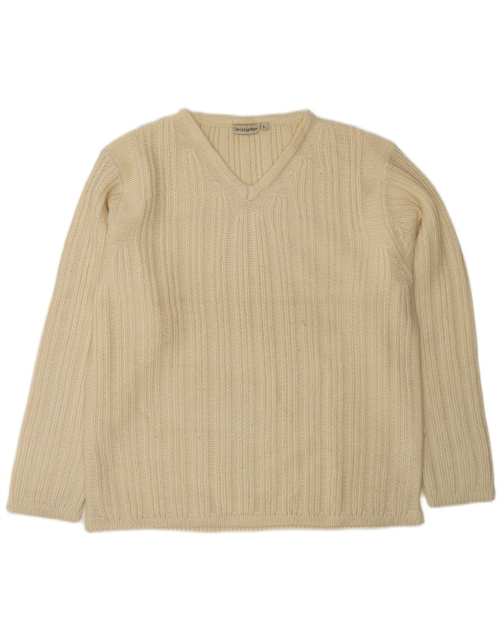 Męski sweter w stylu VINTAGE z dekoltem w szpic, duży, z białej wełny