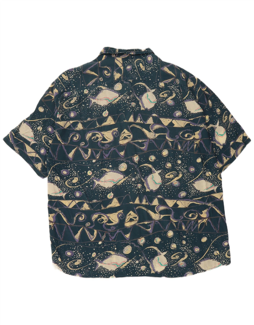 Koszula męska z krótkim rękawem w stylu vintage, abstrakcyjny wzór XL, niebieska wiskoza, retro