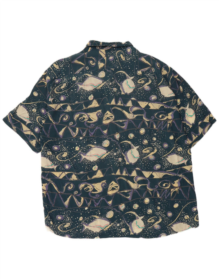 Koszula męska z krótkim rękawem w stylu vintage, abstrakcyjny wzór XL, niebieska wiskoza, retro
