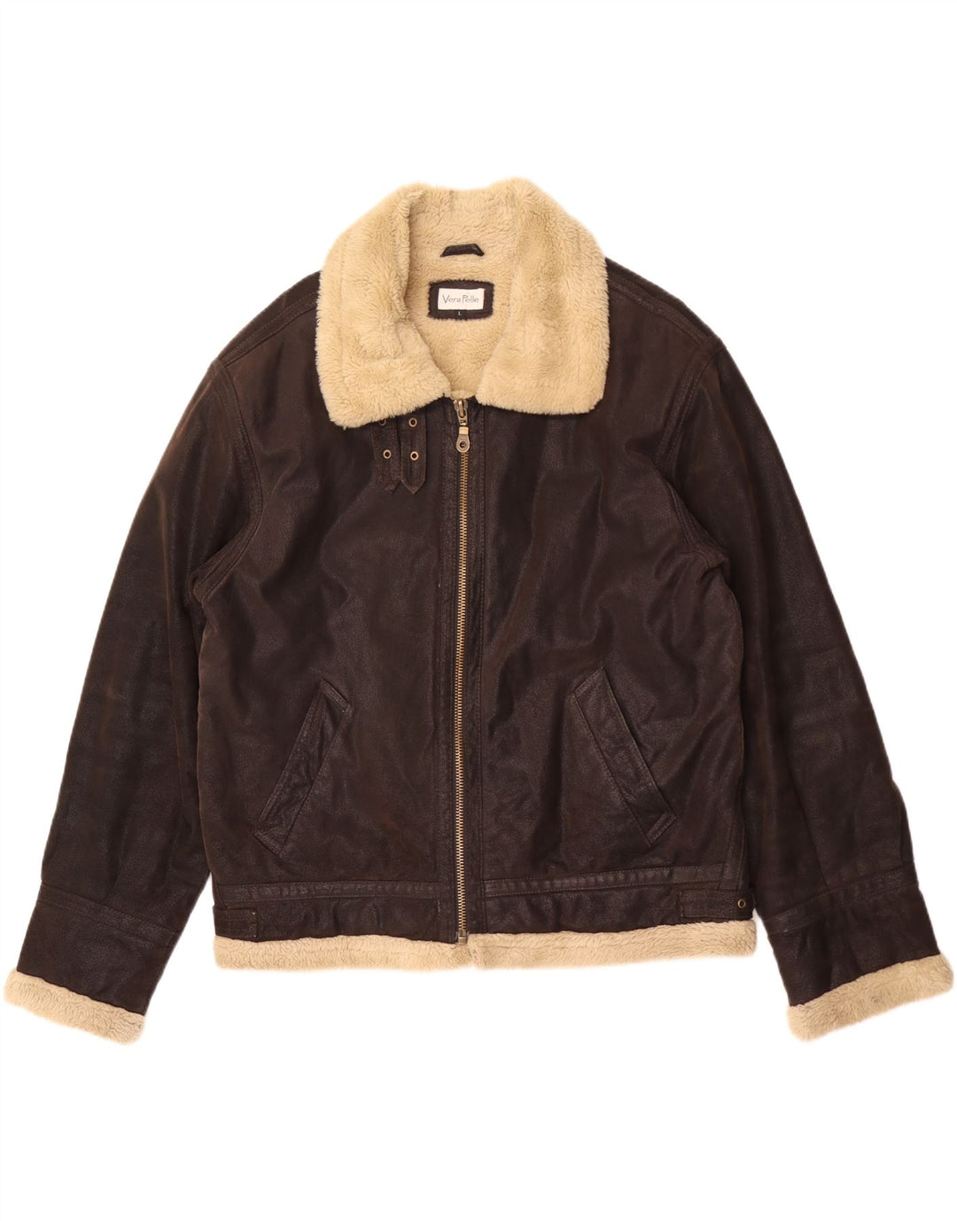 Vintage męska kurtka shearling UK 40 duża brązowa skóra