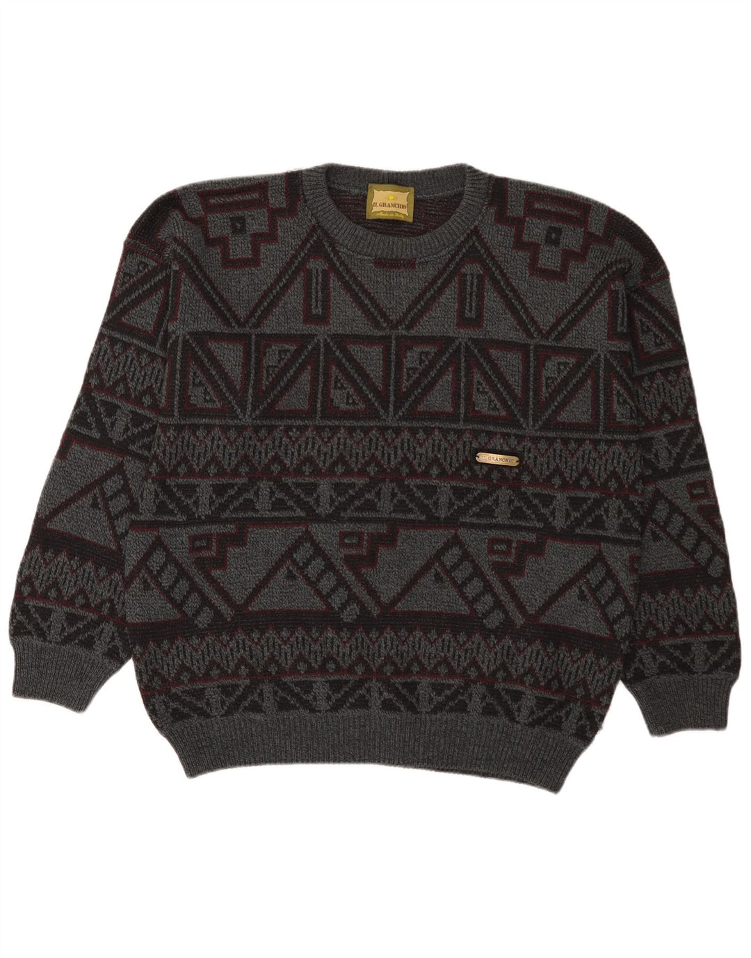 Il Granchio Męski sweter z okrągłym dekoltem, duży, szary, geometryczny, wełniany