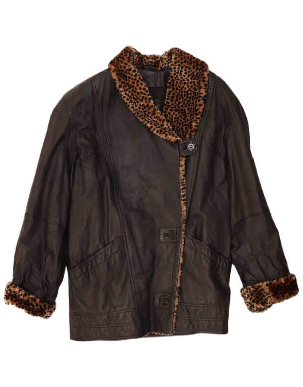 VINTAGE damski płaszcz skórzany oversize UK 10 z małym czarnym nadrukiem zwierzęcym