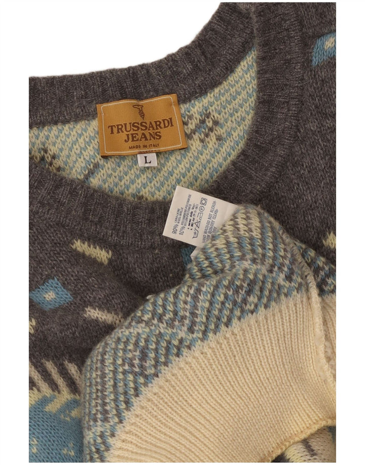 TRUSSARDI JEANS Męski sweter z okrągłym dekoltem, duży, w kolorze złamanej bieli Fair Isle