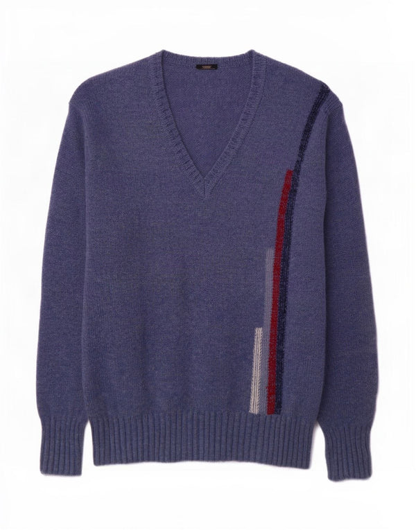 Męski sweter w stylu vintage z dekoltem w szpic IT 48 Średni granatowy w paski, nowa wełna