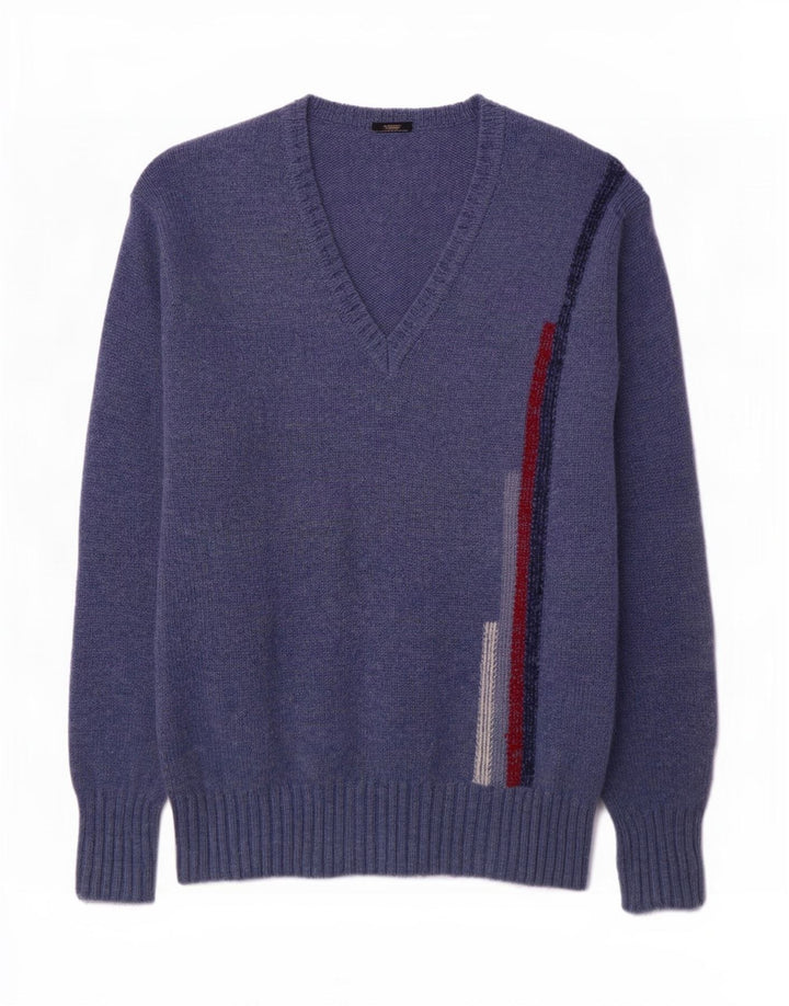 Męski sweter w stylu vintage z dekoltem w szpic IT 48 Średni granatowy w paski, nowa wełna