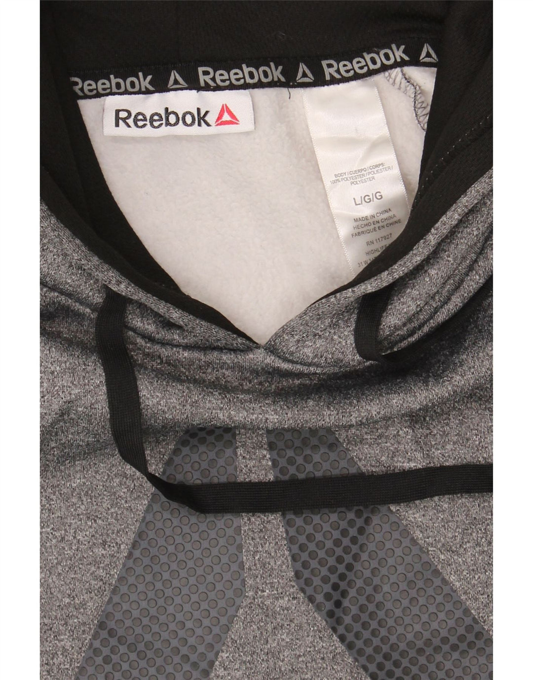 REEBOK Mens Graphic Hoodie Jumper Large Grey Polyester Vintage Reebok and Second-Hand Reebok from Messina Hembry 