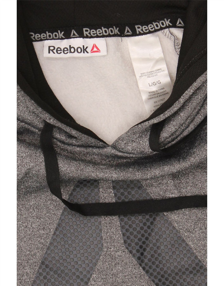 REEBOK Mens Graphic Hoodie Jumper Large Grey Polyester Vintage Reebok and Second-Hand Reebok from Messina Hembry 