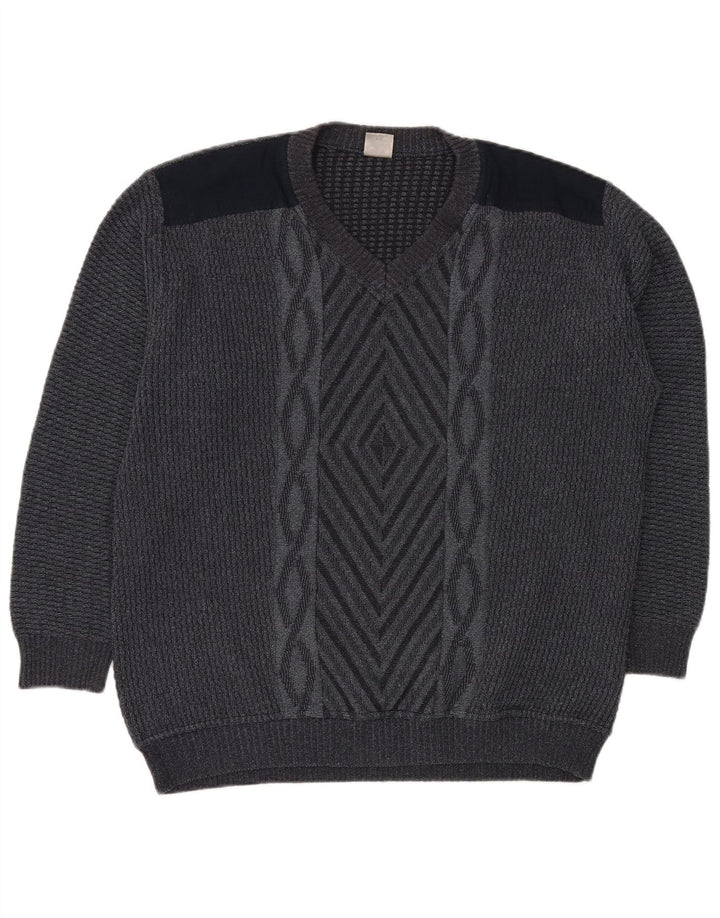 Męski sweter VINTAGE z dekoltem w kształcie litery V IT 50, średnioszary, geometryczny