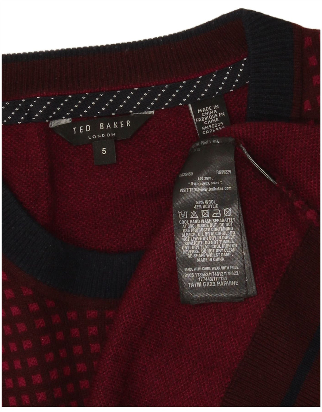 Męski sweter Ted Baker z okrągłym dekoltem, rozmiar 5 XL, wełniany w bordową kratkę