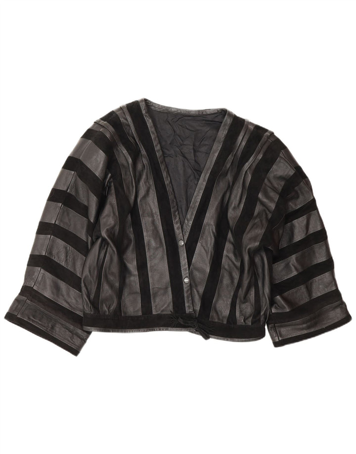 Damska skórzana kurtka bomber w stylu vintage UK 14, średnia czarna skóra w paski