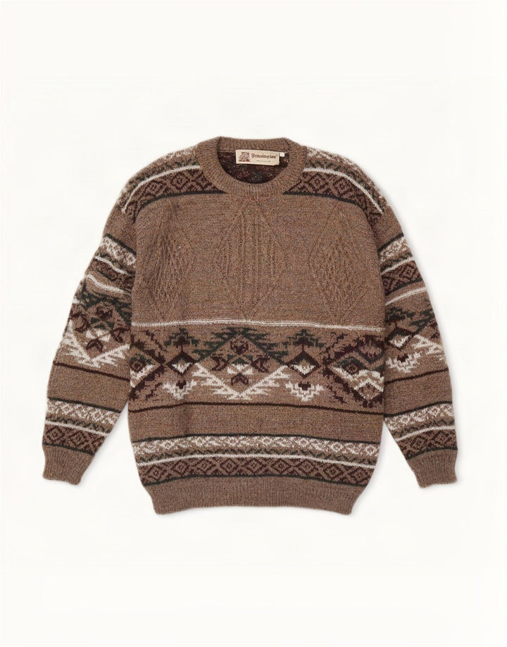 Męski sweter z okrągłym dekoltem Kennington, duży, brązowy, wełna Fair Isle