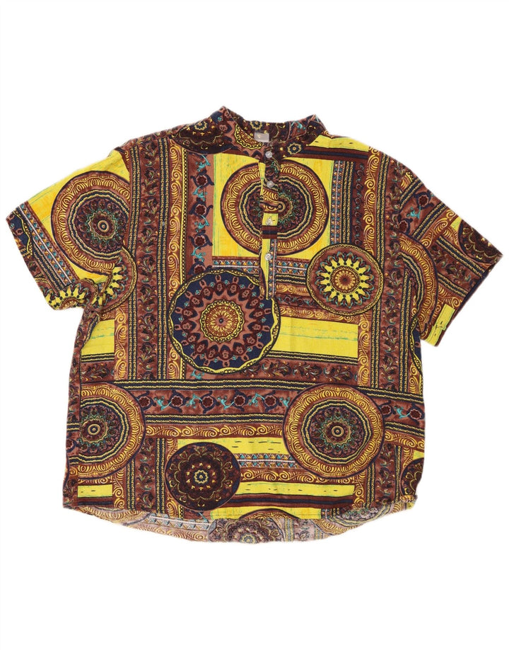 Męska koszula pulowerowa z krótkim rękawem w stylu vintage, średnia żółta geometryczna bawełna