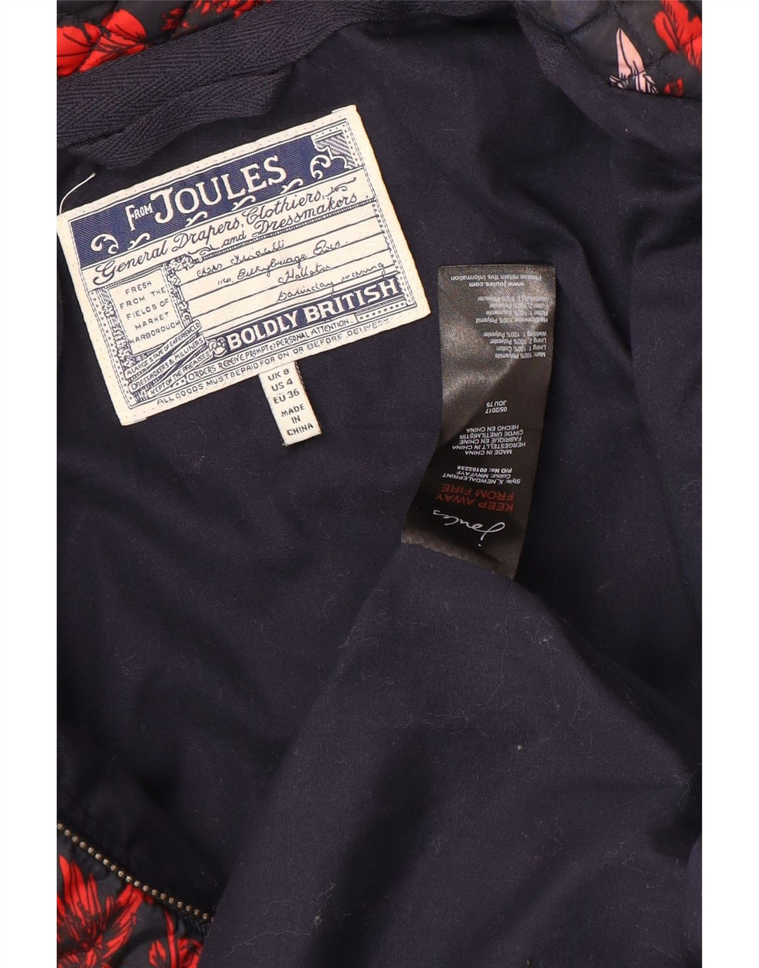 Damska pikowana kurtka Joules UK 8, mała, granatowa, w kwiaty, poliamid