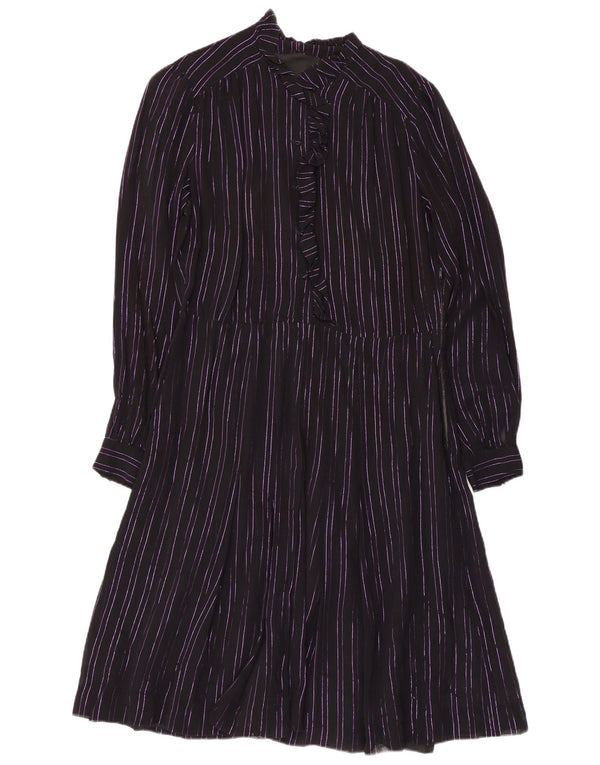 Vintage damska sukienka o linii A z falbaną z przodu UK 14 w średnie fioletowe paski