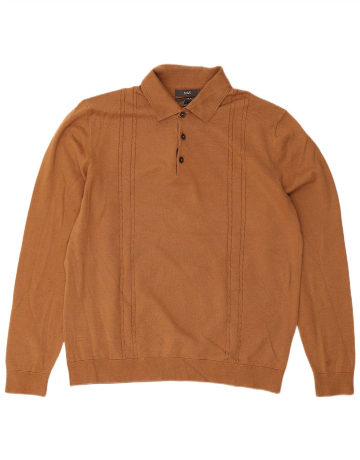 Marks & Spencer Męski sweter polo, duży, brązowy, bawełniany