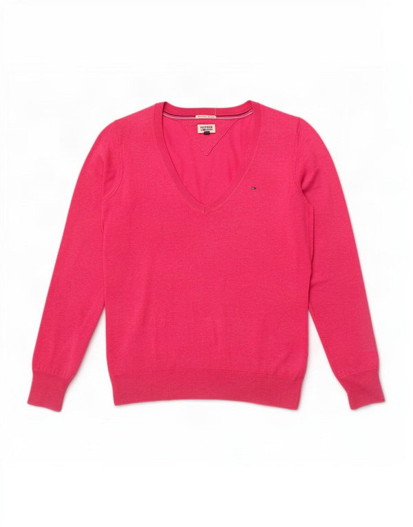 Sweter damski Tommy Hilfiger z dekoltem w kształcie litery V, UK 14, średni różowy bawełniany