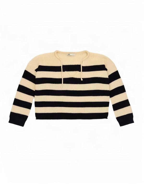 Sweter damski Zara Oversize z dekoltem w kształcie litery V, UK 14, w średnie złamane białe paski
