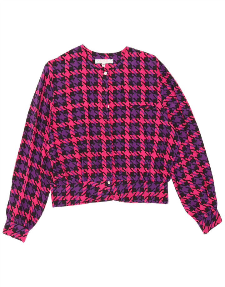 Damska bluzka koszulowa oversize w stylu vintage IT 46, duża, różowa, jedwabna w pepitkę