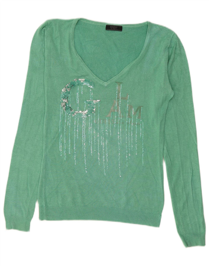 Damski sweter Guess z graficznym dekoltem w kształcie litery V, UK 12, średni zielony