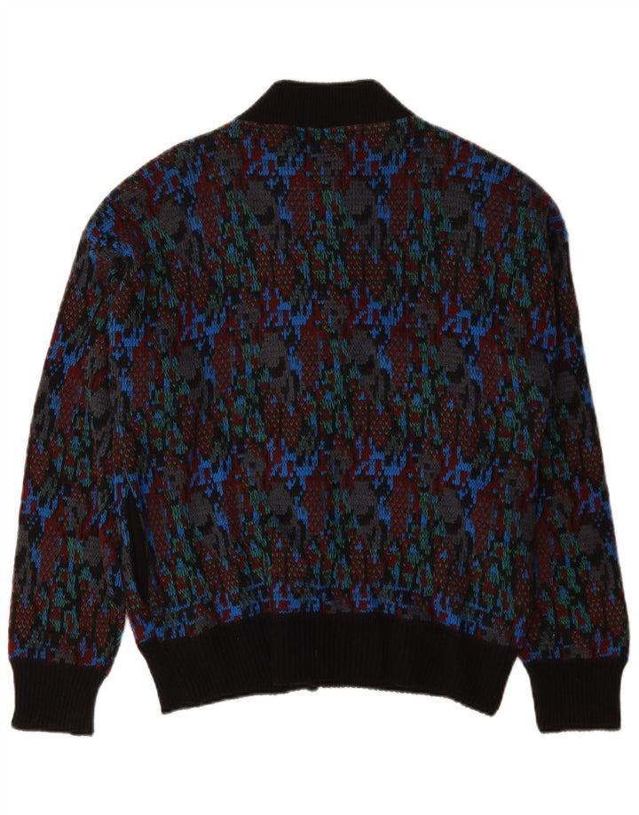 Vintage męski sweter kardigan w abstrakcyjny wzór, średnia wielobarwna wełna