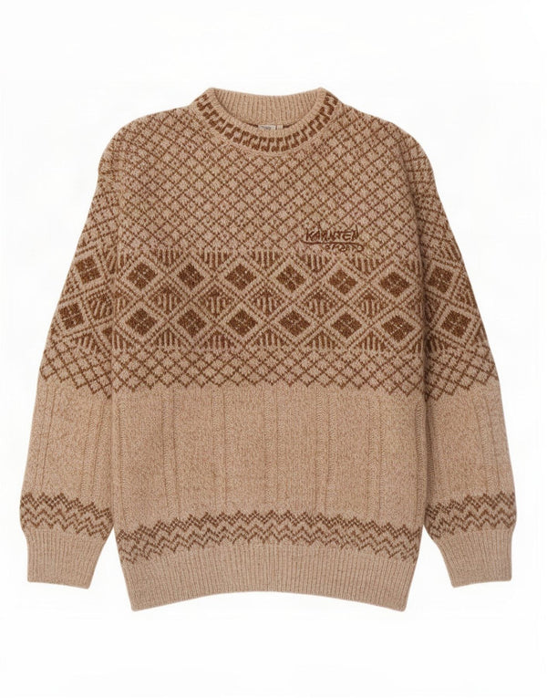 Vintage męski sweter z okrągłym dekoltem, duży, beżowy, akryl Fair Isle