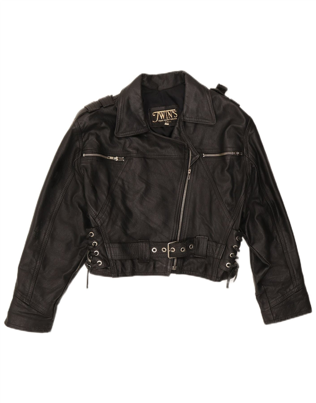 Vintage damska, oversize'owa kurtka motocyklowa UK 10, mała, czarna skóra