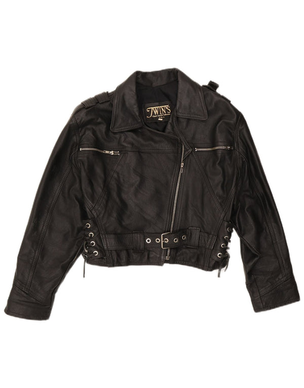 Vintage damska, oversize'owa kurtka motocyklowa UK 10, mała, czarna skóra